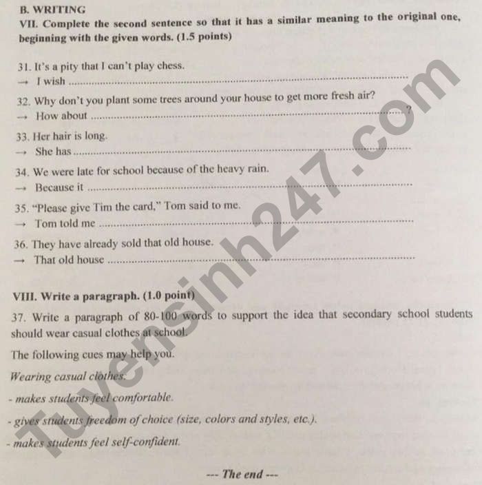 Dap an de thi vao lop 10 tinh Dong Nai mon Anh 2021