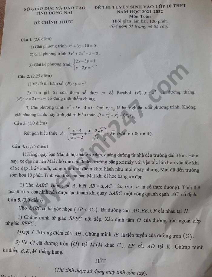 Dap an de thi mon Toan vao lop 10 - tinh Dong Nai 2021