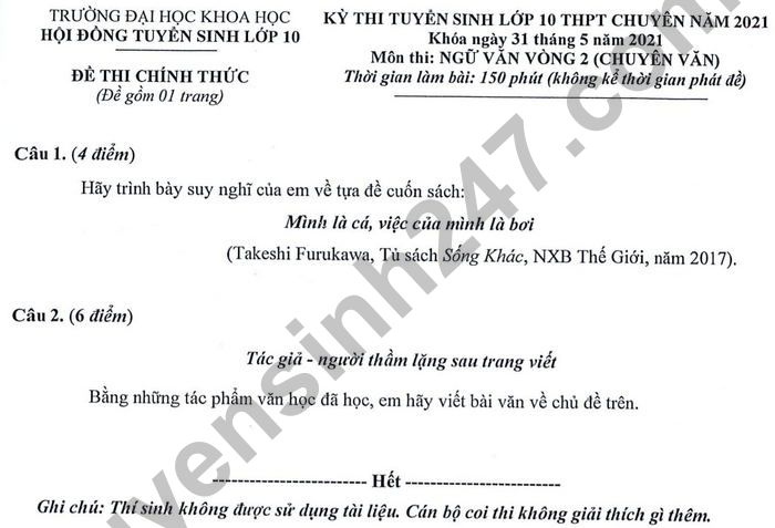 Dap an de thi vao lop 10 THPT Chuyen DH Khoa hoc - mon Van chuyen 2021