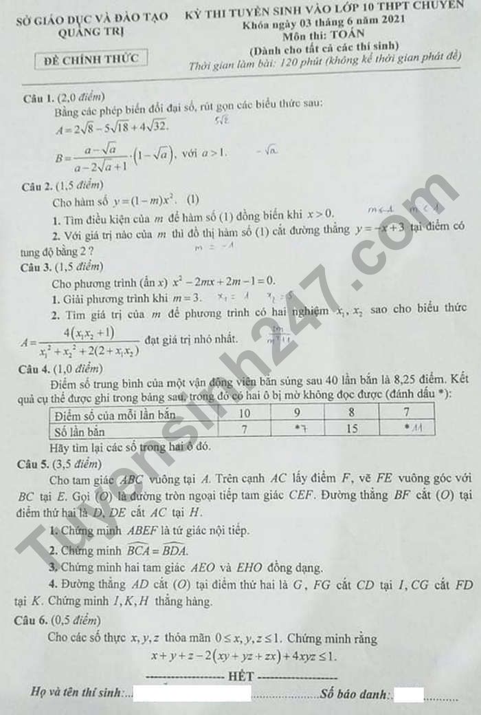 Dap an de thi vao lop 10 THPT Chuyen 2021 - tinh Quang Tri mon Toan