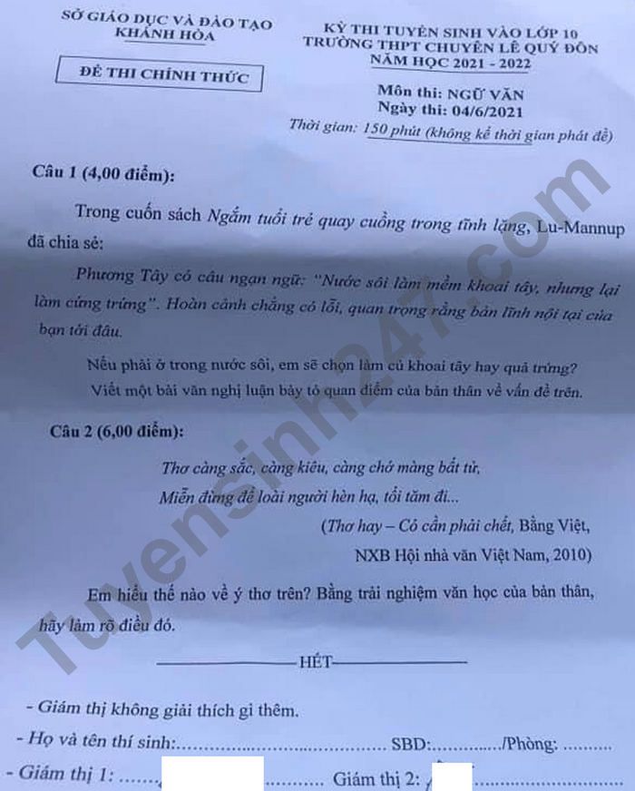 De thi vao lop 10 mon Van Chuyen - tinh Khanh Hoa 2021