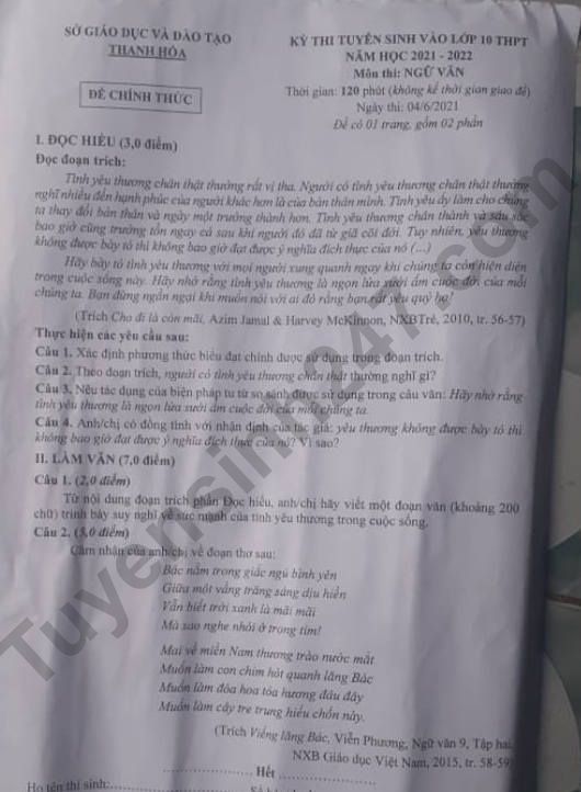 Dap an de thi vao lop 10 mon Van - tinh Thanh Hoa 2021
