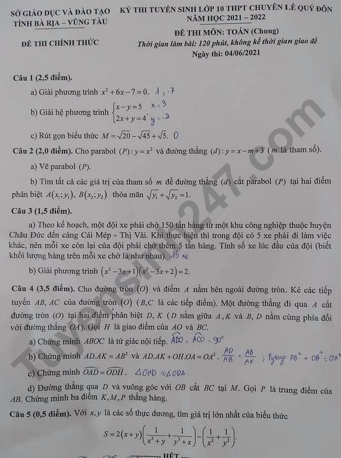 Dap an de thi vao lop 10 THPT Chuyen mon Toan - Vung Tau 2021
