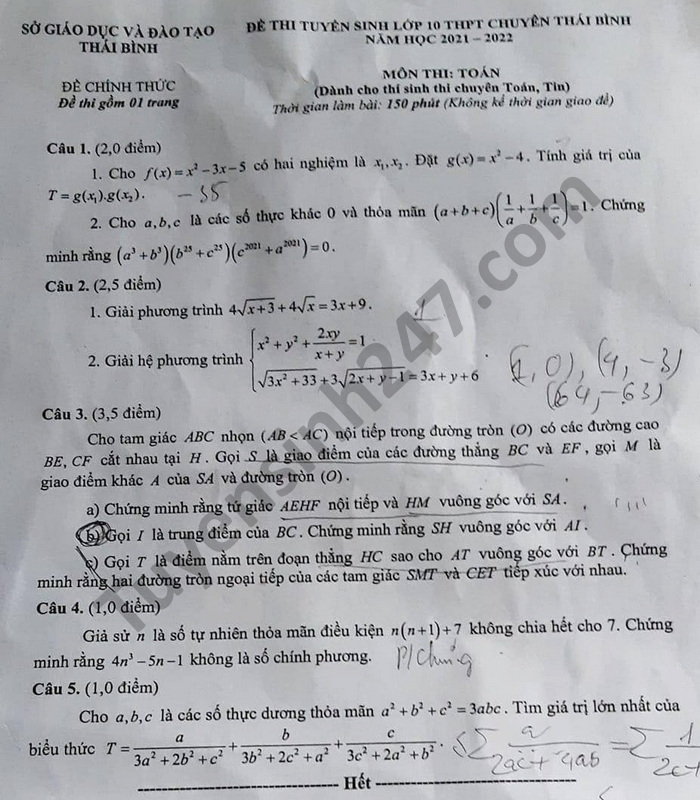 Dap an de thi vao lop 10 tinh Thai Binh - mon Toan Chuyen 2021