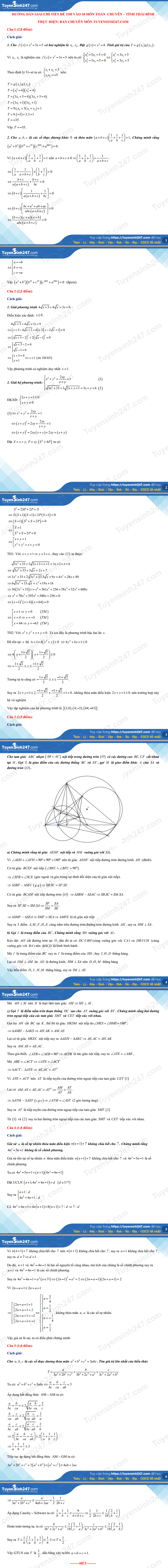 Dap an de thi vao lop 10 tinh Thai Binh - mon Toan Chuyen 2021