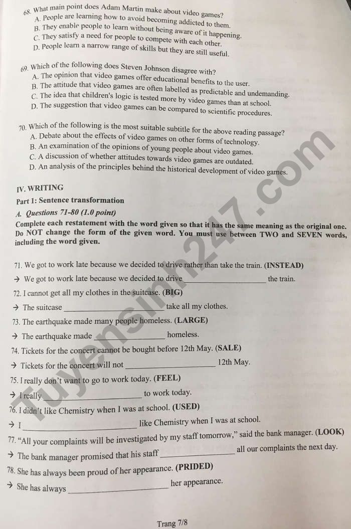 De thi vao lop 10 tinh Dong Nai mon Anh Chuyen nam 2021