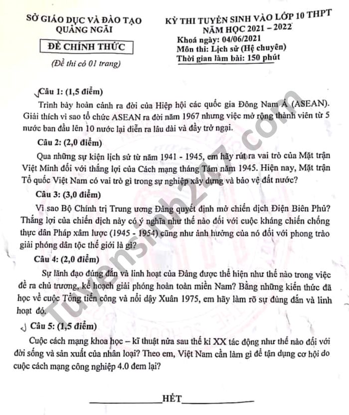 De thi vao lop 10 tinh Quang Ngai mon Su Chuyen 2021