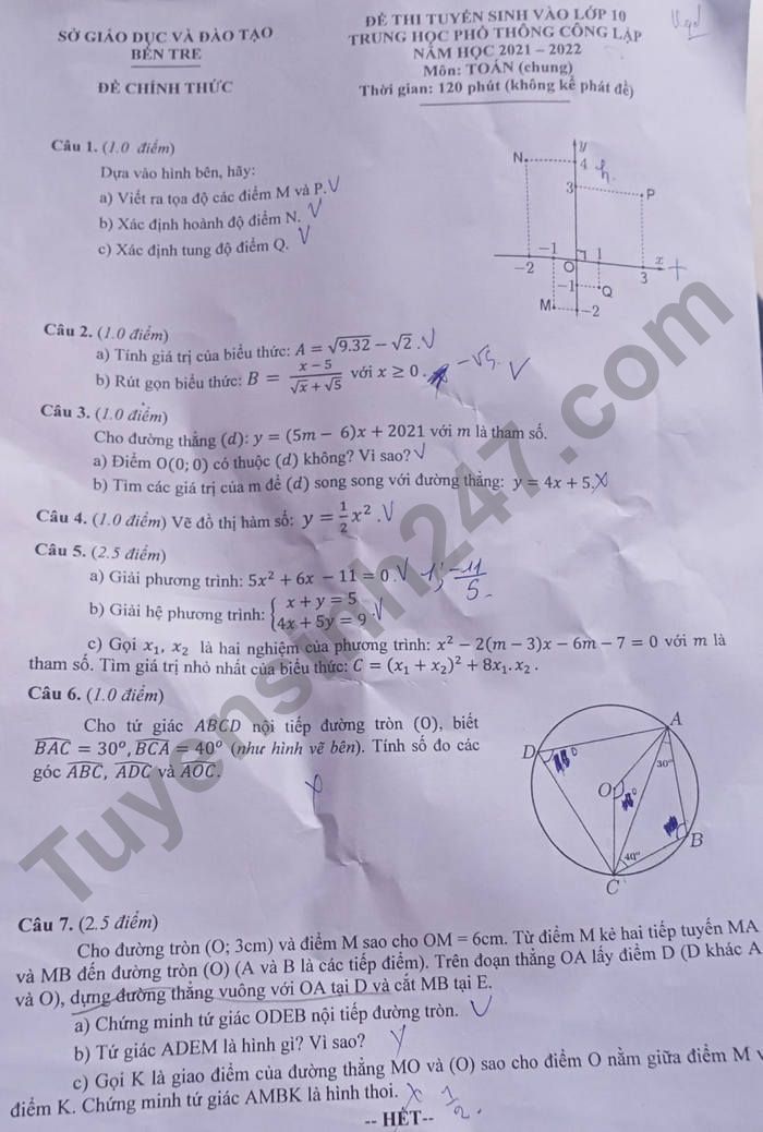 Dap an de thi mon Toan vao lop 10 - tinh Ben Tre 2021