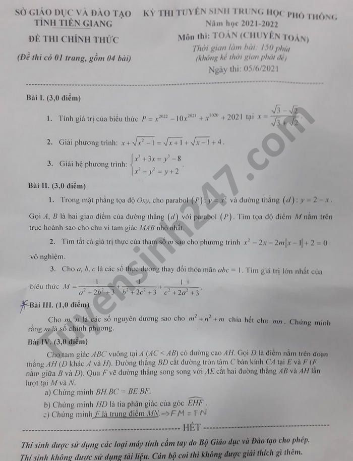 De thi vao lop 10 nam 2021 mon Toan chuyen tinh Tien Giang