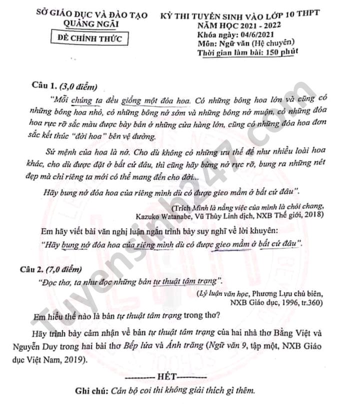 De thi vao lop 10 nam 2021 mon Van chuyen tinh Quang Ngai