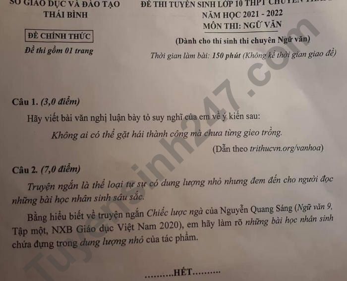 Dap an de thi vao lop 10 mon Van Chuyen tinh Thai Binh 2021