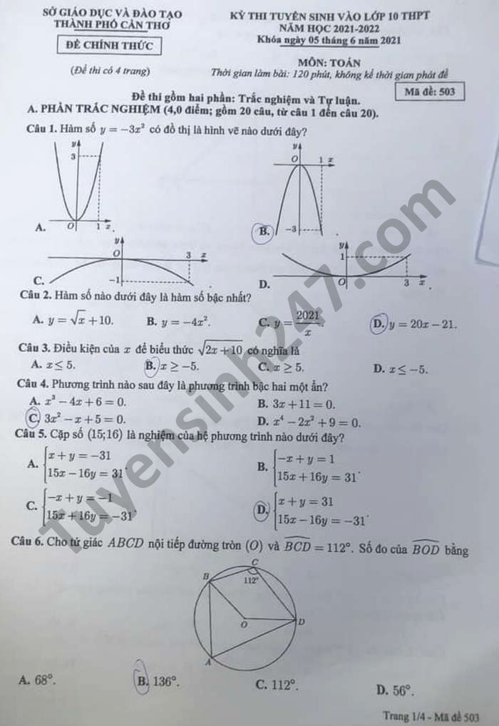 Dap an de thi vao lop 10 mon Toan - Can Tho nam 2021