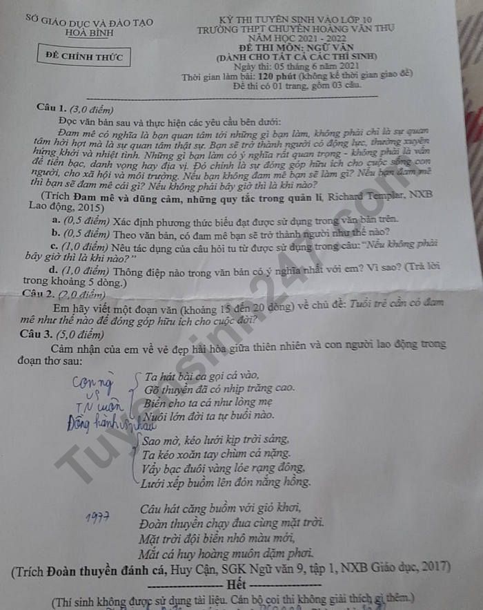 Dap an de thi vao lop 10 THPT chuyen Hoa Binh mon Van 2021