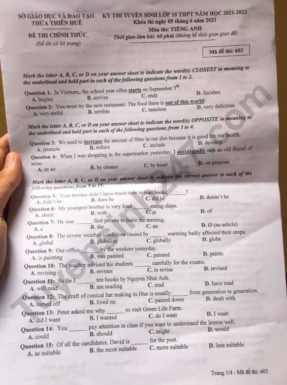 Dap an de thi vao lop 10 mon Anh nam 2021 tinh Thua Thien Hue