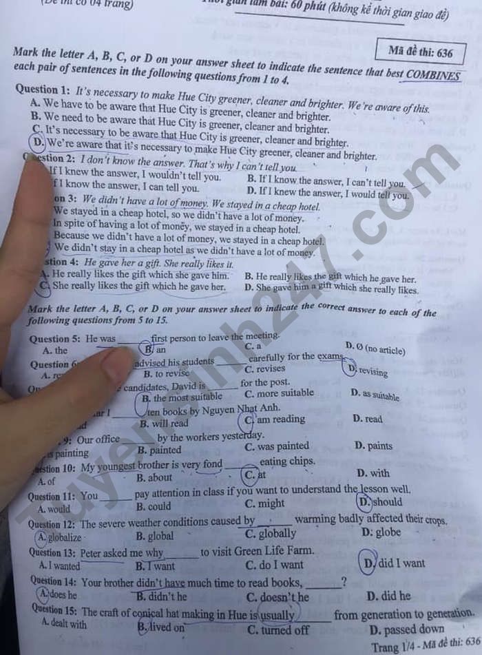 Dap an de thi vao lop 10 mon Anh nam 2021 tinh Thua Thien Hue