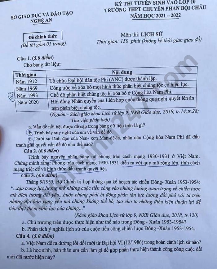 Dap an de thi vao lop 10 THPT chuyen mon Su Tinh Nghe An nam 2021