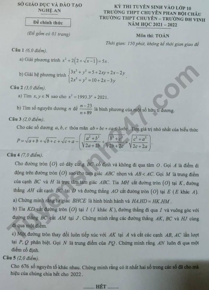 Dap an de thi vao lop 10 THPT Chuyen - Nghe An mon Toan 2021