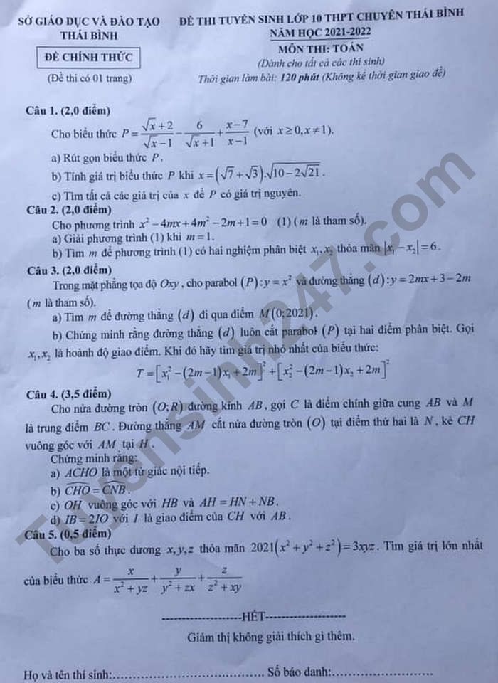 Dap an de thi vao lop 10 THPT Chuyen Thai Binh mon Toan 2021