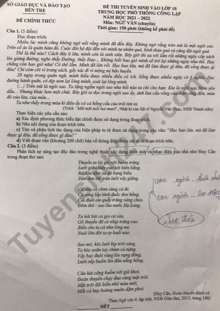 Dap an de thi vao lop 10 tinh Ben Tre 2021 mon Van Chuyen