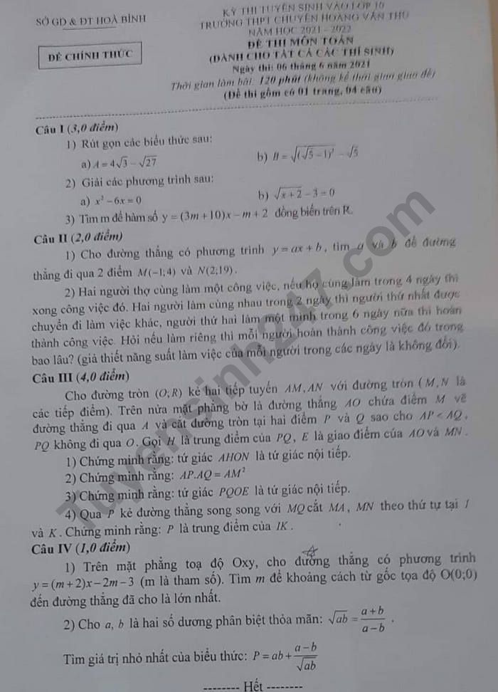 Dap an de thi vao lop 10 mon Toan - chuyen Hoa Binh nam 2021