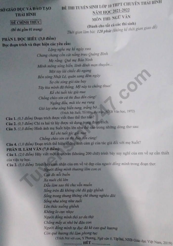 Dap an de thi vao lop 10 mon Van - THPT Chuyen Thai Binh nam 2021
