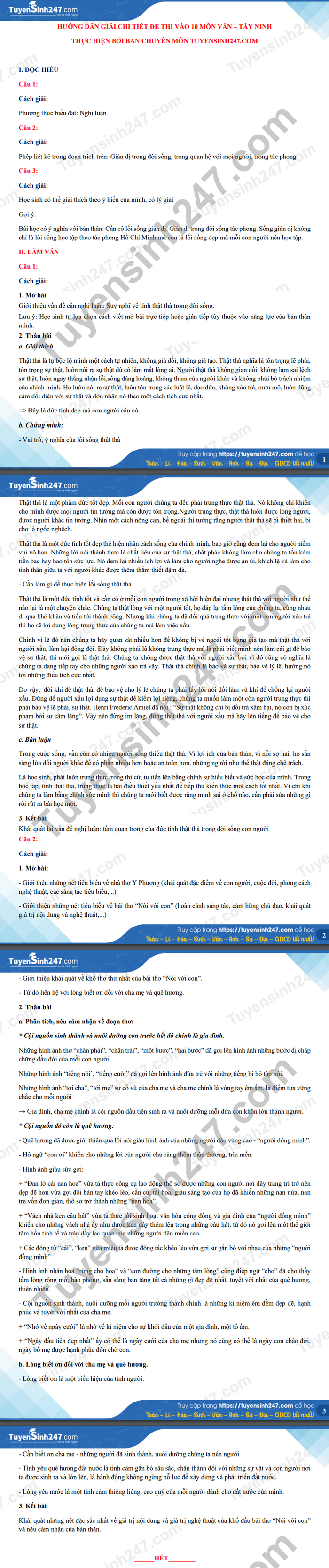Dap an de thi vao lop 10 mon Van tinh Tay Ninh nam 2021