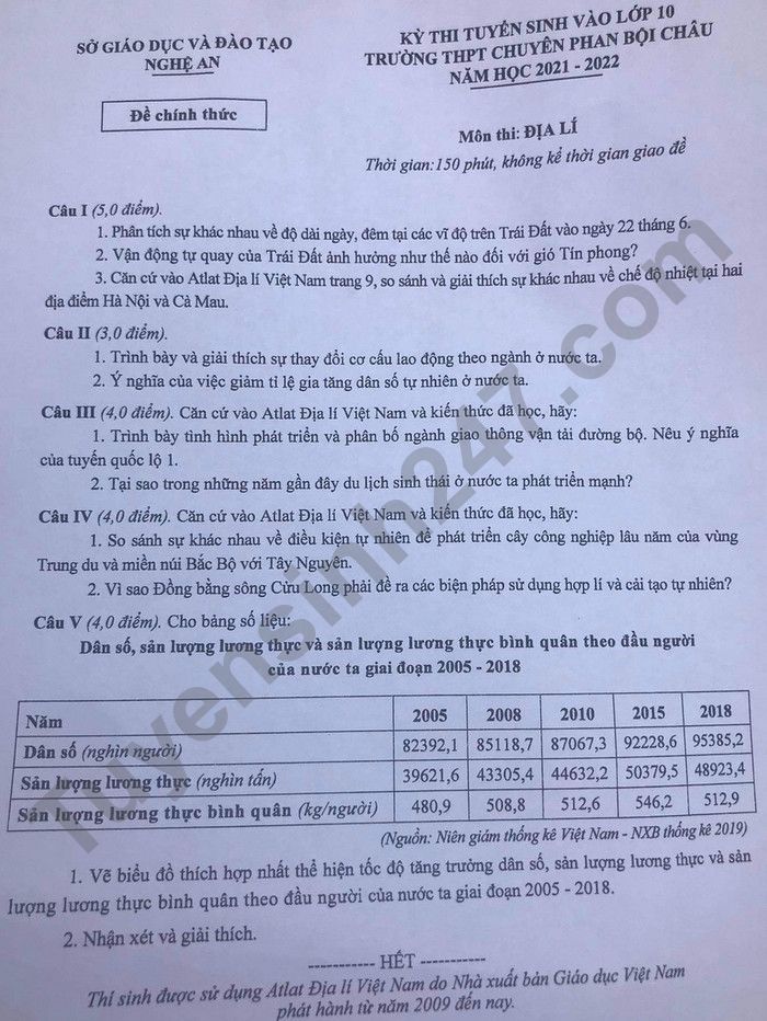 De thi vao lop 10 THPT Chuyen 2021 - tinh Nghe An mon Dia