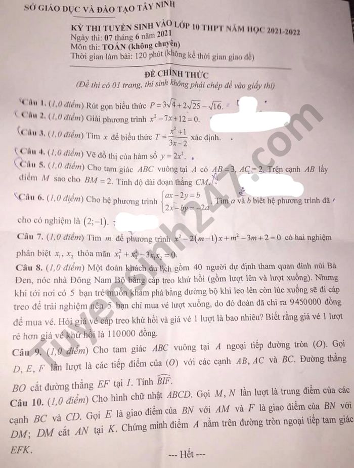 Dap an de thi vao lop 10 tinh Tay Ninh mon Toan nam 2021