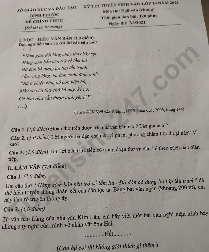 Dap an de thi vao lop 10 mon Van tinh Binh Phuoc nam 2021