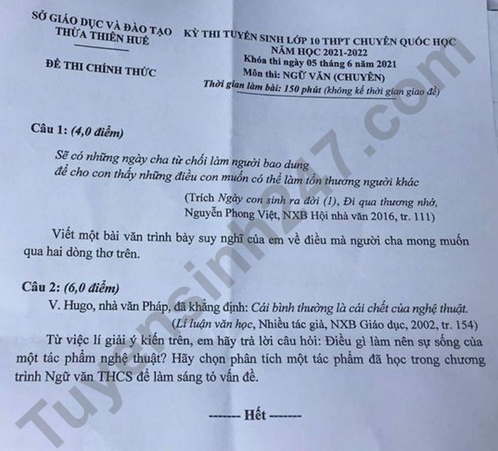 Dap an de thi vao lop 10 THPT Chuyen Quoc Hoc Hue - mon Van chuyen 2021