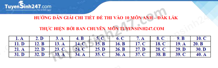 Dap an de thi vao lop 10 tinh Dak Lak mon Anh nam 2021