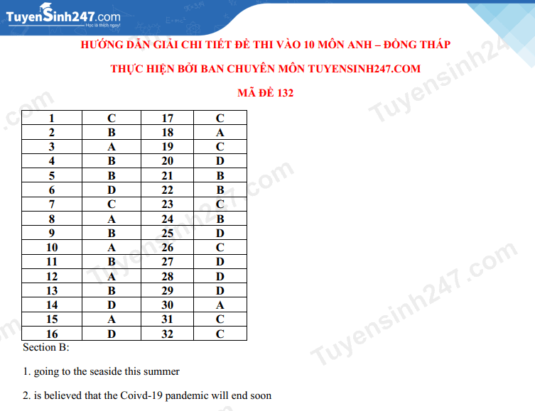 Dap an de thi vao lop 10 tinh Dong Thap nam 2021 mon Anh