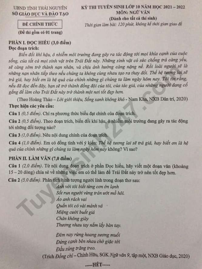 Dap an de thi vao lop 10 tinh Thai Nguyen mon Van nam 2021