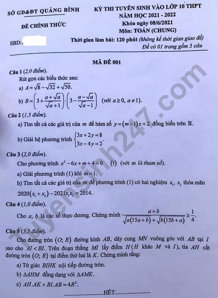 Dap an de thi vao lop 10 mon Toan tinh Quang Binh nam 2021