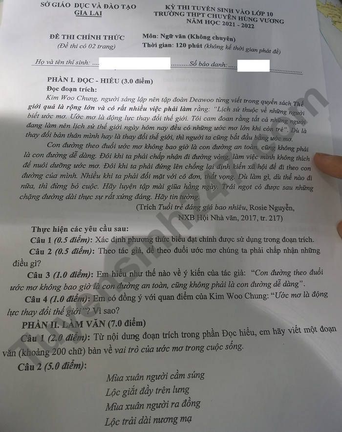Dap an de thi vao lop 10 THPT Chuyen Hung Vuong - Gia Lai mon Van (chung) 2021
