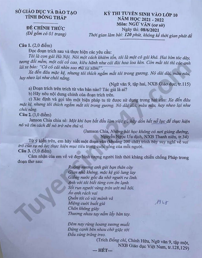 Dap an de thi vao lop 10 mon Van nam 2021 - tinh Dong Thap