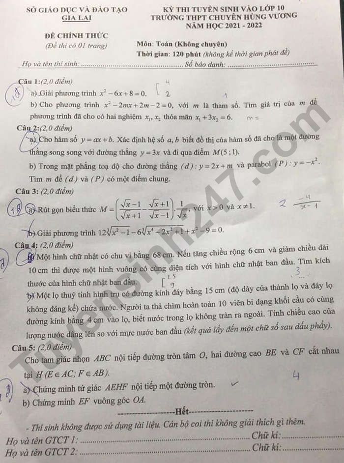 De thi vao lop 10 Chuyen Hung Vuong - Gia Lai mon Toan (chung) 2021