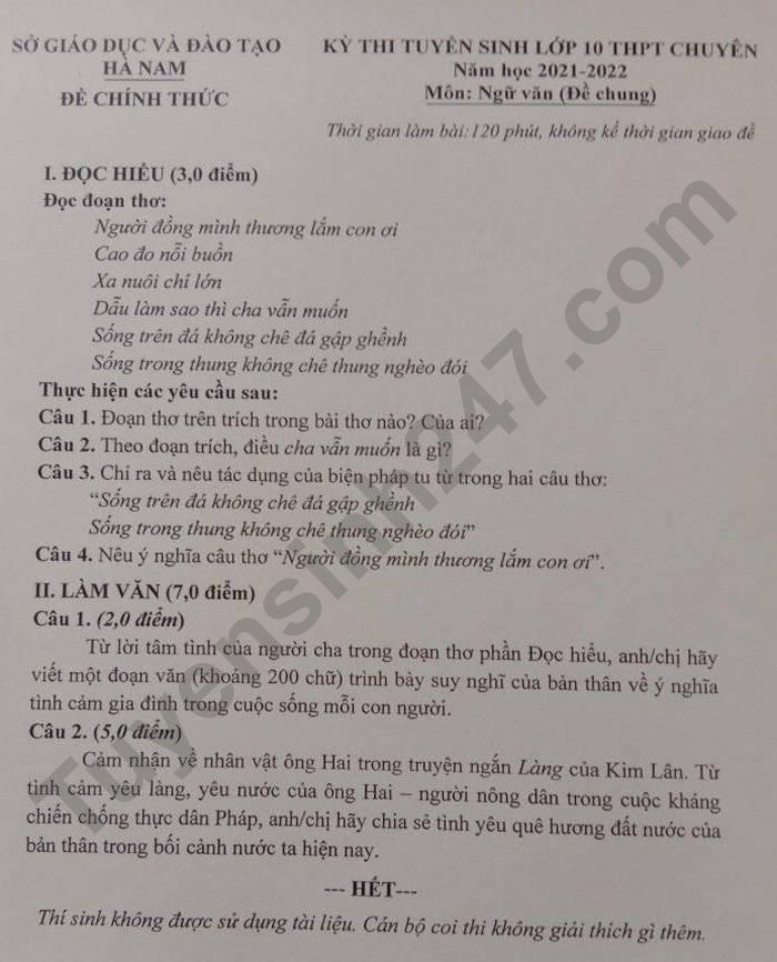 Dap an de thi vao lop 10 THPT Chuyen - mon Van (chung) tinh Ha Nam 2021