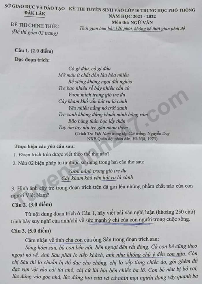 Dap an de thi vao lop 10 nam 2021 tinh Dak Lak mon Van