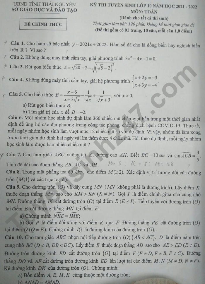 Dap an de thi vao lop 10 nam 2021 tinh Thai Nguyen mon Toan
