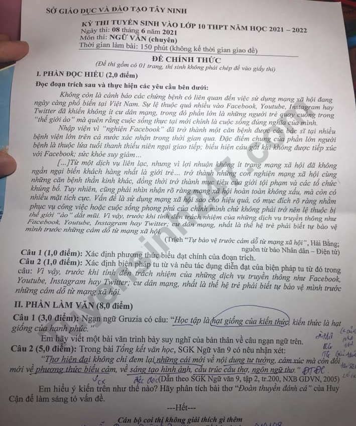 Dap an de thi vao lop 10 mon Van chuyen - Tay Ninh nam 2021