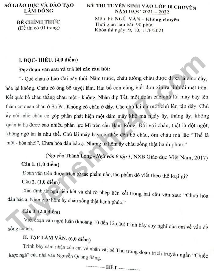 Dap an de thi vao lop 10 Chuyen tinh Lam Dong - mon Van (chung) 2021