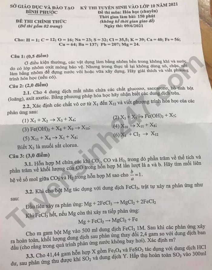 Dap an de thi vao lop 10 tinh Binh Phuoc mon Hoa Chuyen 2021