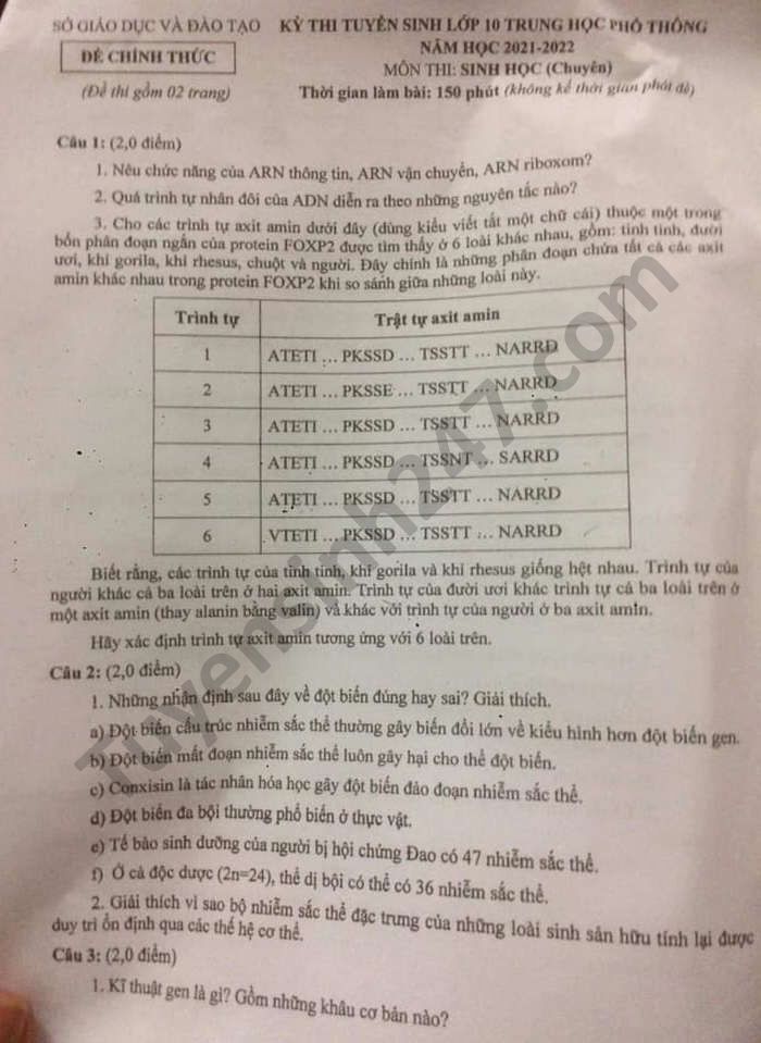 De thi vao lop 10 nam 2021 THPT mon Sinh chuyen tinh Dak Nong