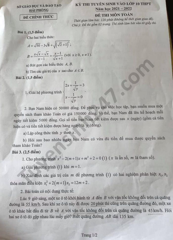 Dap an de thi vao lop 10 nam 2021 mon Toan - TP Hai Phong