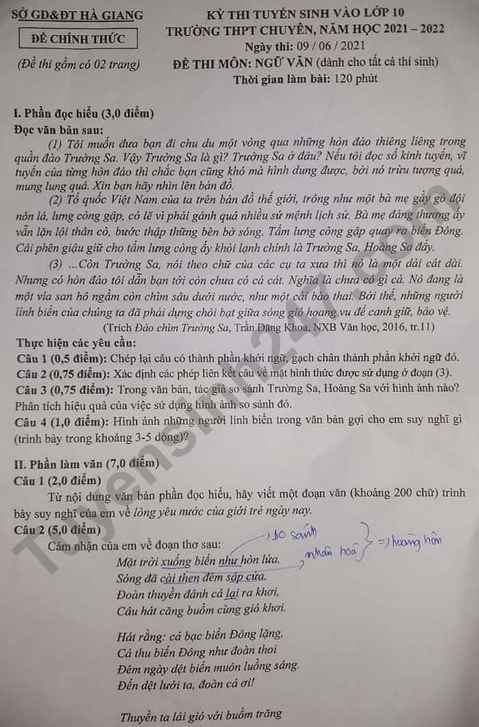 Dap an de thi vao lop 10 THPT Chuyen Ha Giang mon Van (chung) 2021