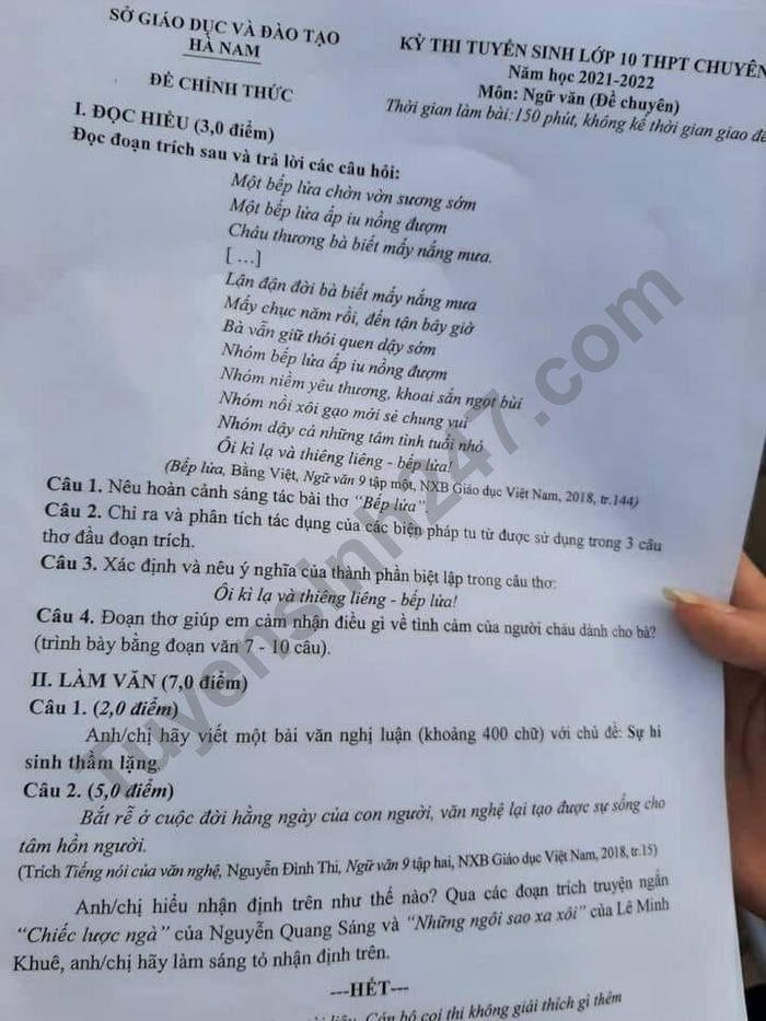 Dap an de thi vao lop 10 mon Van Chuyen - tinh Ha Nam 2021