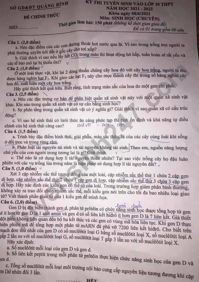 De thi vao lop 10 tinh Quang Binh mon Sinh chuyen 2021