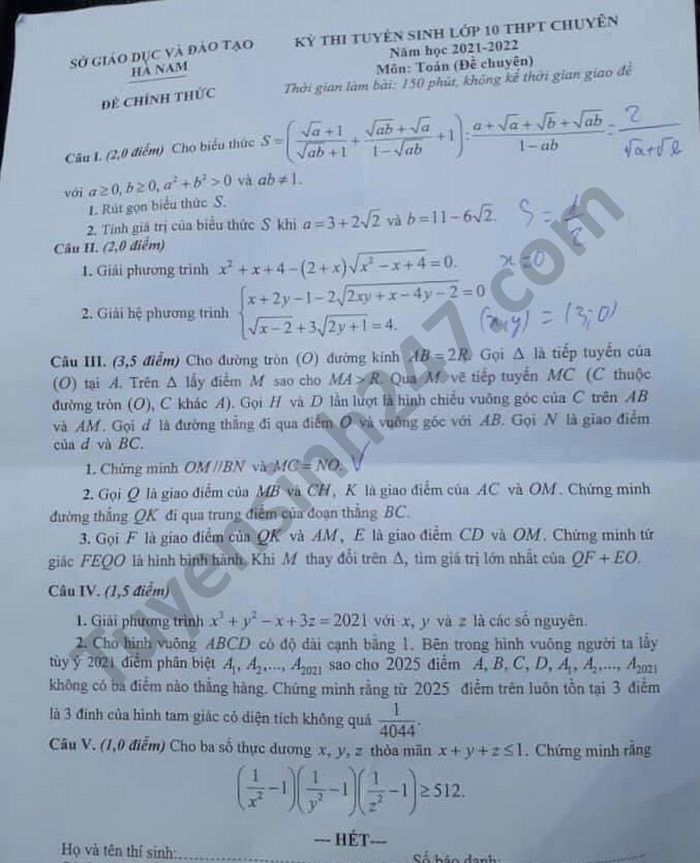De thi vao lop 10 THPT chuyen nam 2021 mon Toan - Ha Nam