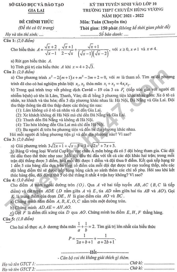 De thi vao lop 10 chuyen Hung Vuong - Gia Lai nam 2021 Toan chuyen Tin